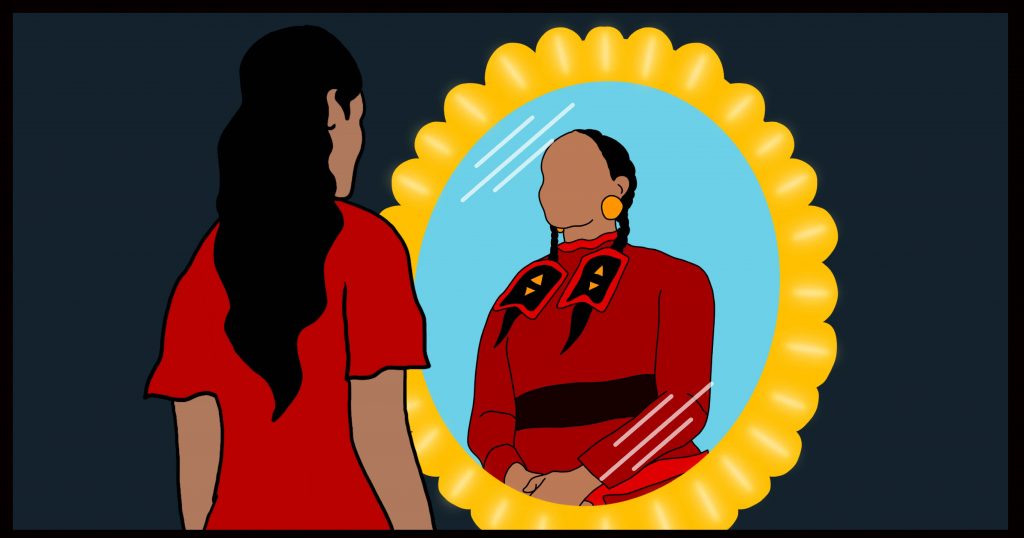 A young Indigenous woman wearing red looks in a mirror, and sees an elder wearing the same colour reflected back at her.