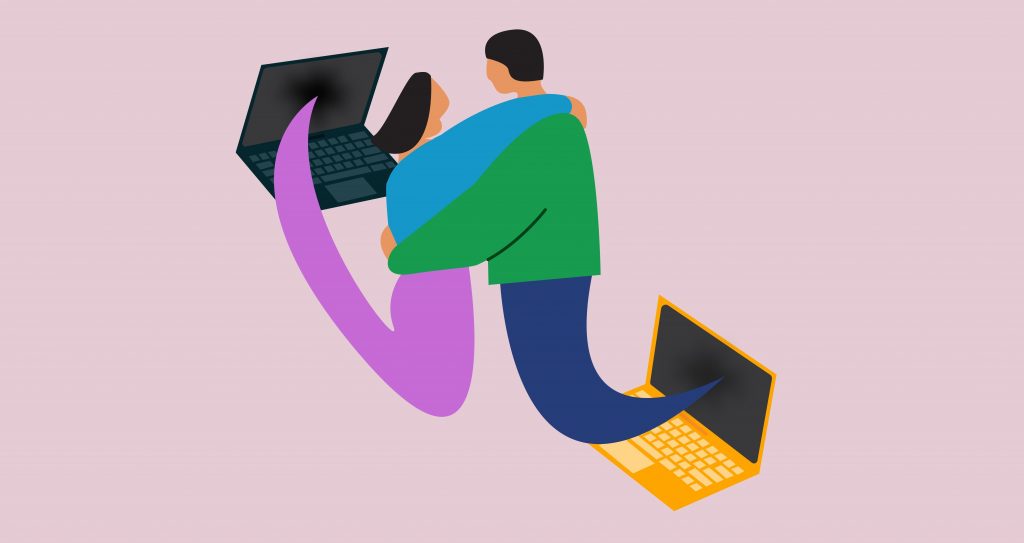 Illustration by Celina Koops of two friends emerging from the screens of their laptops a shared embrace.