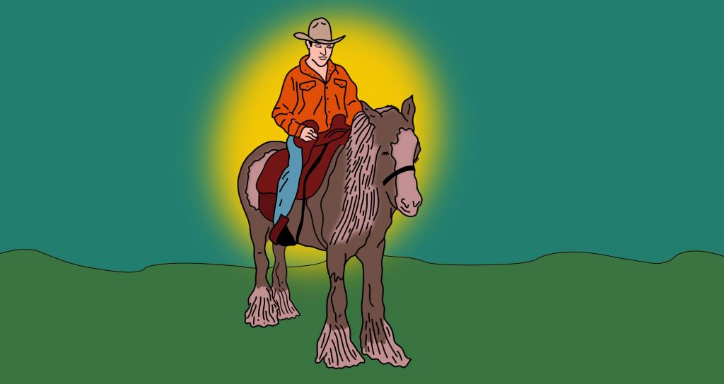 Illustration of Karsten Renaert wearing a cowboy hat and riding a horse, with a sun-like yellow glow illuminating him from behind.