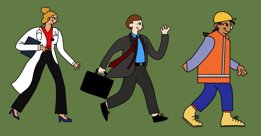 Illustration by Celina Koops of workers in clothes indicating different professions: a healthcare worker, a person in a suit, and a construction worker.
