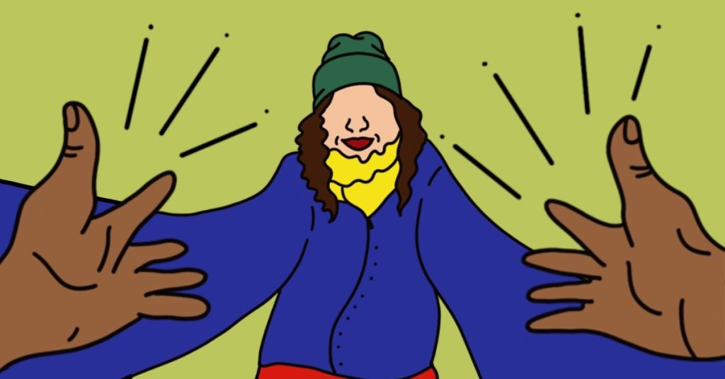 Illustration of a friend reaching out to embrace the viewer while wearing cozy winter clothes.