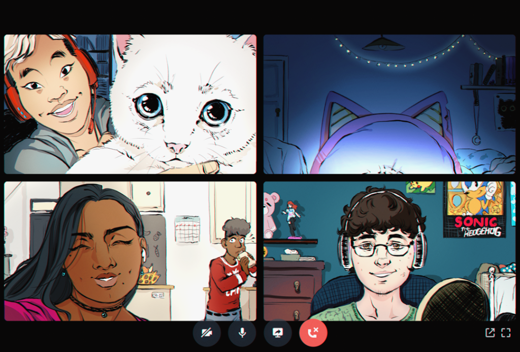 Graphic novel style illustration of an online video chat between the four characters described in the following image descriptions.