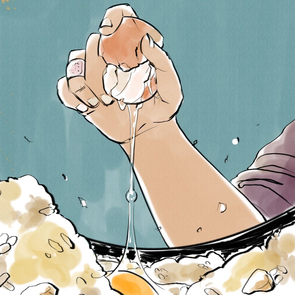 Comic panel of a hand cracking an egg into a dish of food