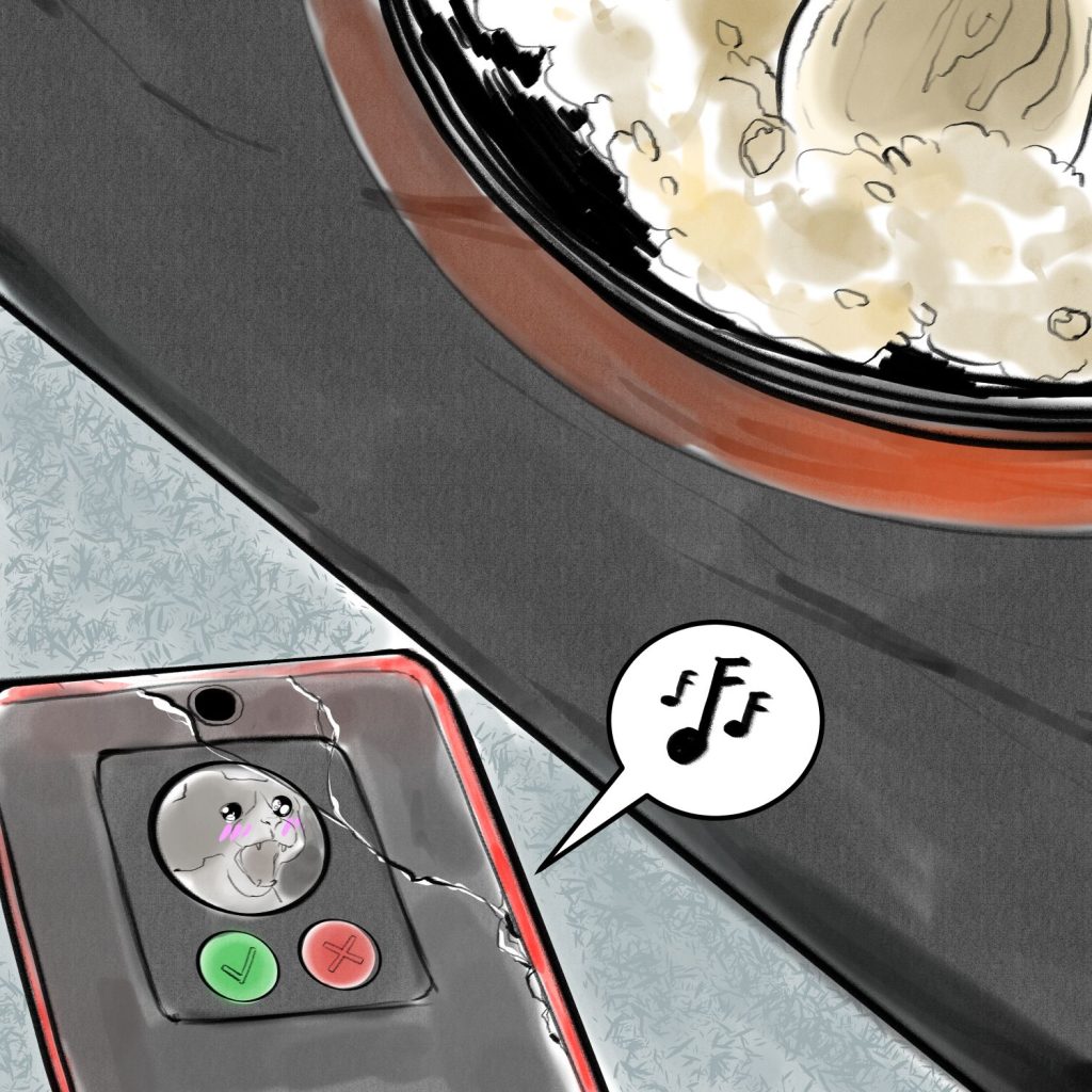 Comic panel of a phone chiming next to the dish of food, with a screaming cat icon and an answer/reject call button.