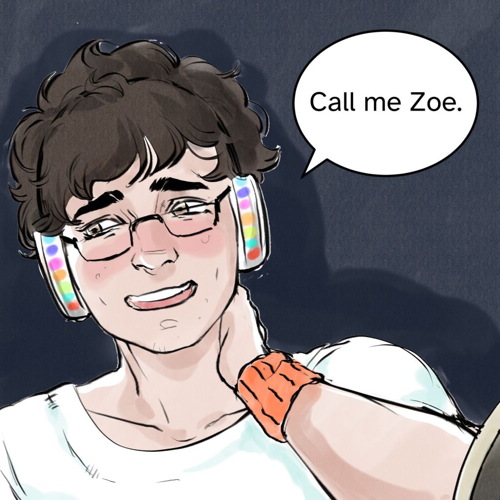 Comic panel of of another character wearing headphones, awkwardly holding their neck. They say "Call me Zoe."