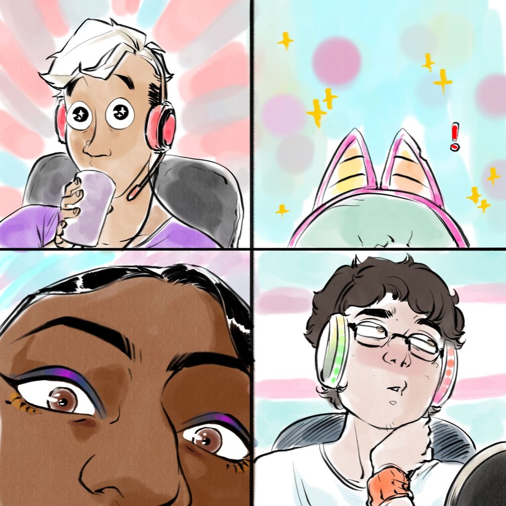 Comic panel of four screens of video showing everybody's reaction. Fenix s frozen, eyes wide and sparkling with a drink up to their mouth. Mary's face is off camera, but we see the top of her cyan hoodie and pink cat ears on her headphones, with a red exclamation mark above it. Amrita is very close to ht ecamera, just showing her nose, wide eyes, and forehead, and Zoe is still sitting a little awkwardly, waiting for a reply.