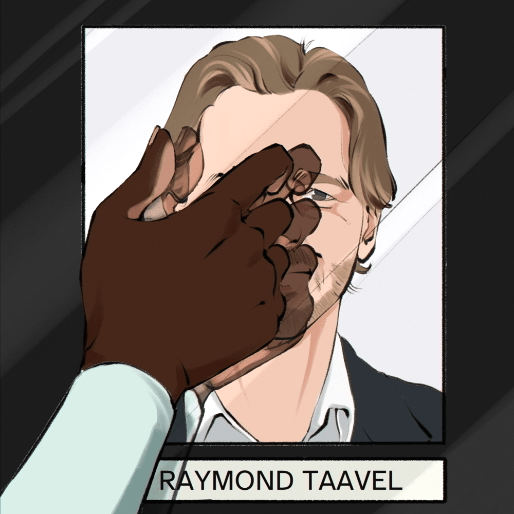 Mary-Jo's hand brushing over an image of an older blond man in a suit labelled "RAYMOND TAAVEL" behind a glass case