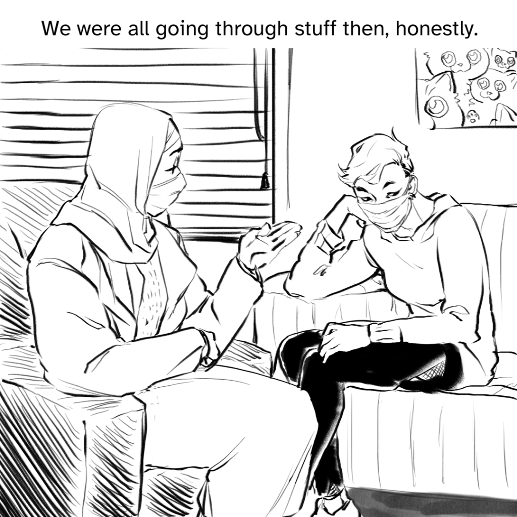 Comic panel of Fenix, now in their current look, sitting slouched and pensive across from their therapist, a woman in a hijab.  Narration by Fenix: We were all going through stuff then, honestly.