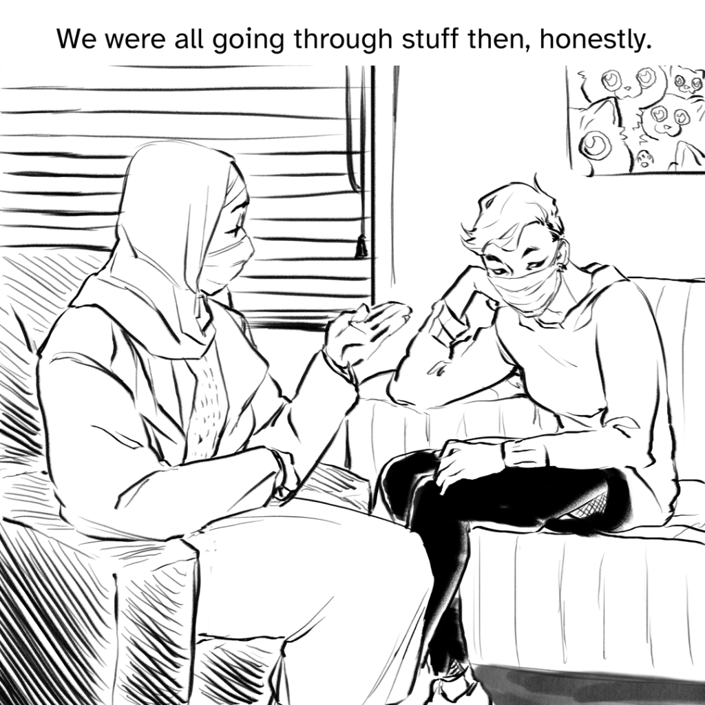 Comic panel of Fenix, now in their current look, sitting slouched and pensive across from their therapist, a woman in a hijab. Narration by Fenix: We were all going through stuff then, honestly.