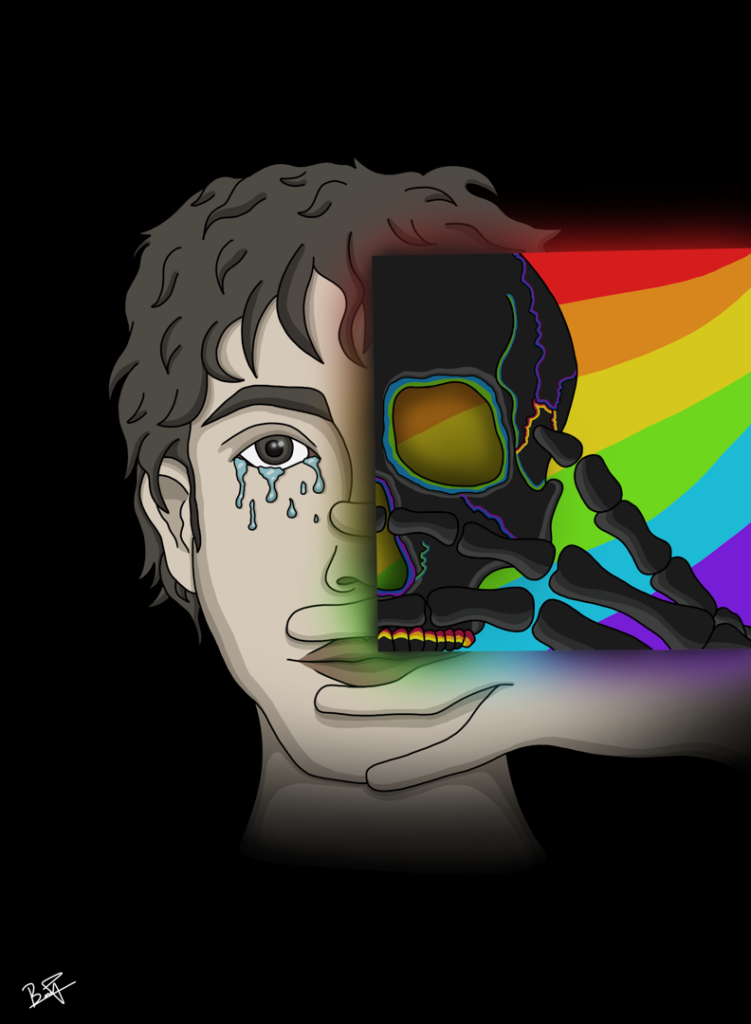 Illustration of a head. The person is crying, and holding a hand up to their face. A square of the image is overset with rainbow, and where it crosses the person, it acts as an x-ray, showing fractures in their skull.