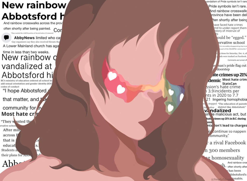 Illustration of a person crying rainbow tears. Behind them are headlines from news stories about anti-LGBTQ actions in Abbotsford.