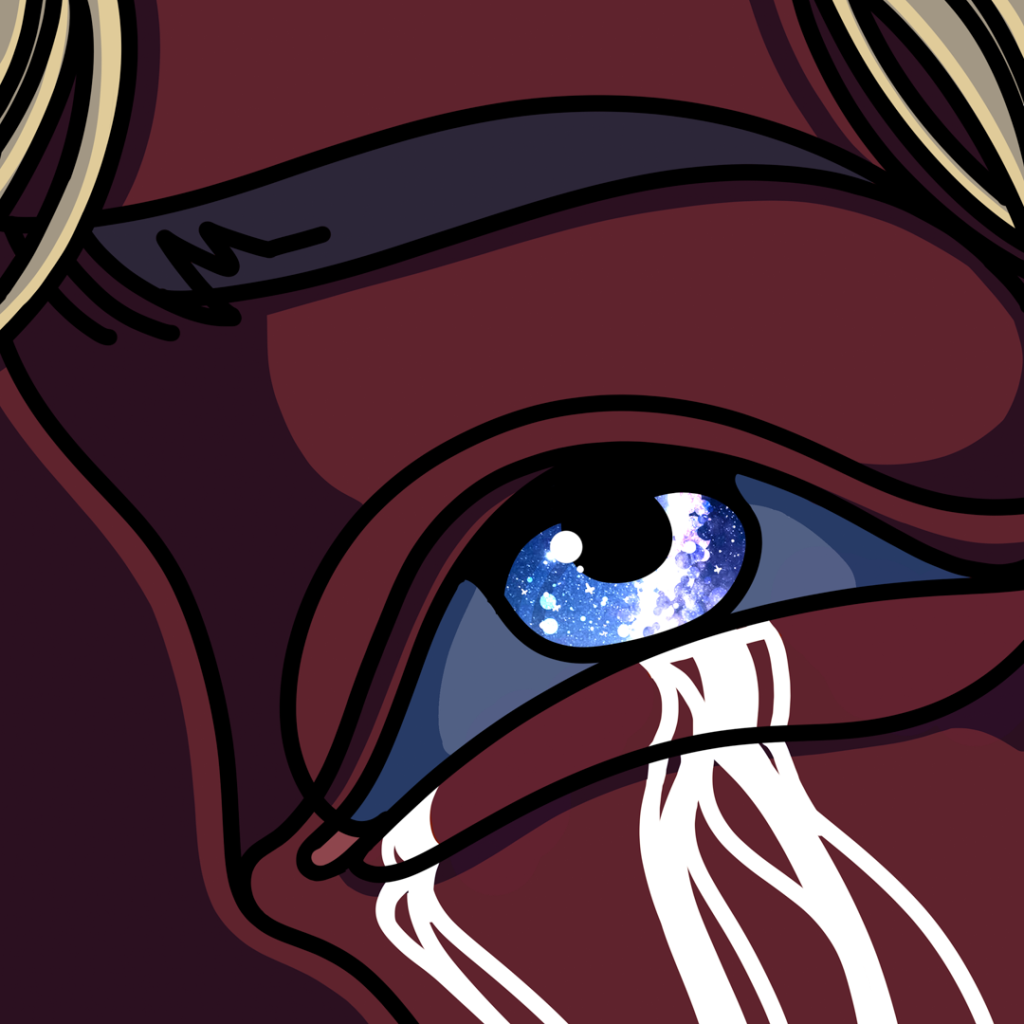 Illustration of an eye in extreme closeup. Strands of blond hair are visible in the edges of the image, and the eye is crying. It is looking upward, and reflecting stars of the night sky.