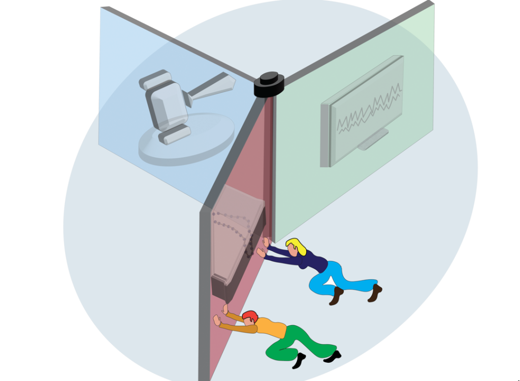 Illustration of two figures pushing a rotating door with three panels. One shows a graphing chart moving downwards. A second shows a gavel. A third shows a computer screen with more data and graphs.