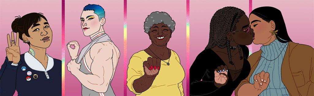 Illustration of five women of varying races, ages, and body types, each holding their hand up forming an American Sign Language letter, spelling the word "women." 