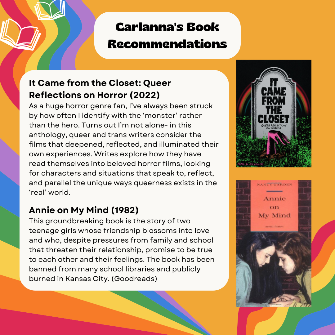 Carlanna's Book Recommendations It Came from the Closet: Queer Reflections on Horror (2022) As a huge horror genre fan, I’ve always been struck by how often I identify with the ‘monster’ rather than the hero. Turns out I’m not alone- in this anthology, queer and trans writers consider the films that deepened, reflected, and illuminated their own experiences. Writes explore how they have read themselves into beloved horror films, looking for characters and situations that speak to, reflect, and parallel the unique ways queerness exists in the ‘real’ world. Annie on My Mind (1982) This groundbreaking book is the story of two teenage girls whose friendship blossoms into love and who, despite pressures from family and school that threaten their relationship, promise to be true to each other and their feelings. The book has been banned from many school libraries and publicly burned in Kansas City. (Goodreads)