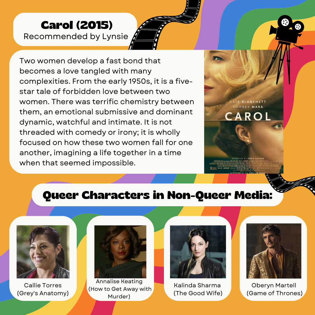 Carol (2015) Recommended by Lynise Two women develop a fast bond that becomes a love tangled with many complexities. From the early 1950s, it is a five-star tale of forbidden love between two women. There was terrific chemistry between them, an emotional submissive and dominant dynamic, watchful and intimate. It is not threaded with comedy or irony; it is wholly focused on how these two women fall for one another, imagining a life together in a time when that seemed impossible. Queer Characters in Non-Queer Media: Callie Torres (Grey's Anatomy) Annalise Keating (How to Get Away with Murder) Kalinda Sharma (The Good Wife) Oberyn Martell (Game of Thrones)