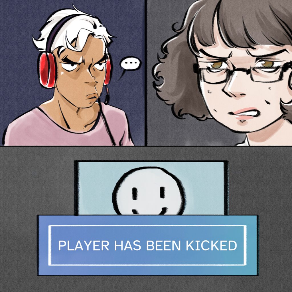 3 panels. The first shows Fenix scowling at the random player's comment. The second shows Zoe, irritated and grimacing. The third panel shows the player being kicked from the lobby. "PLAYER HAS BEEN KICKED"