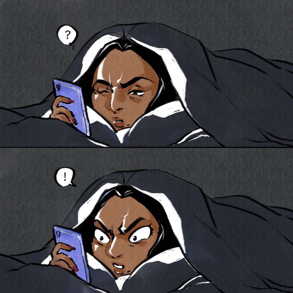 2 panels, splitting the page top and bottom half. The first panel shows Amrita, squinting and buried in the blankets, looking at her phone. The second panel is the same, but her expression has changed to one of fury. AMRITA: ? AMRITA: !
