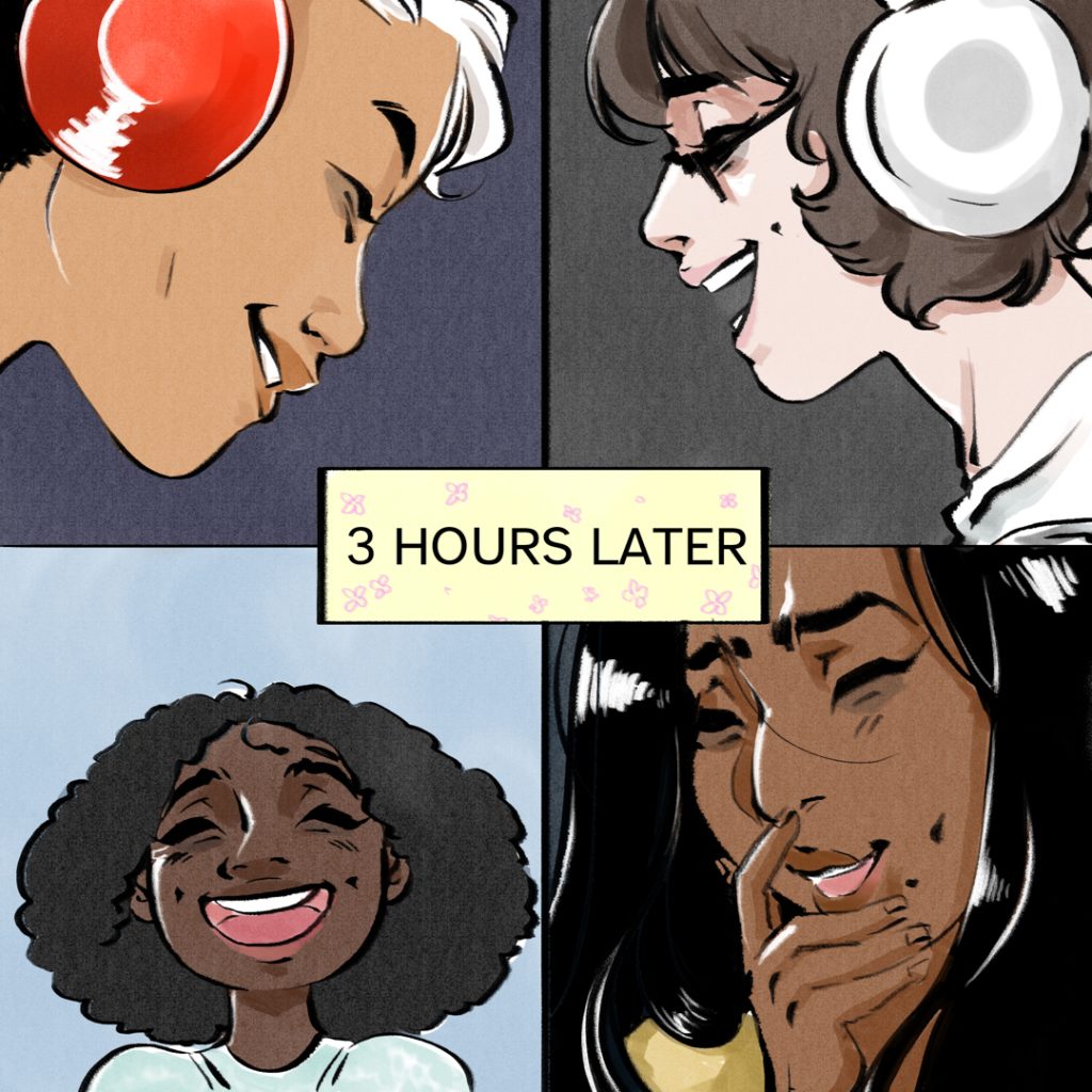4 panels, each showing Fenix, Zoe, Mary-Jo, and Amrita laughing with heavy bags under their eyes. A text box in the center displays: "3 HOURS LATER"