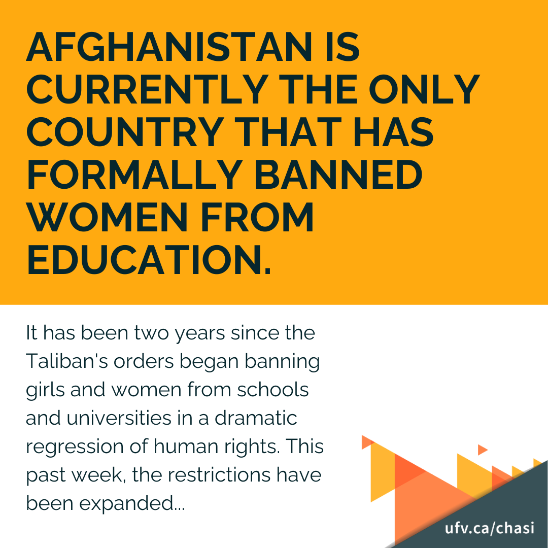 Graphic reading "Afghanistan is currently the only country that has formally banned women from education. It has been two years since the Taliban's orders began banning girls and women from schools and universities in a dramatic regression of human rights. This past week, the restrictions have been expanded..."