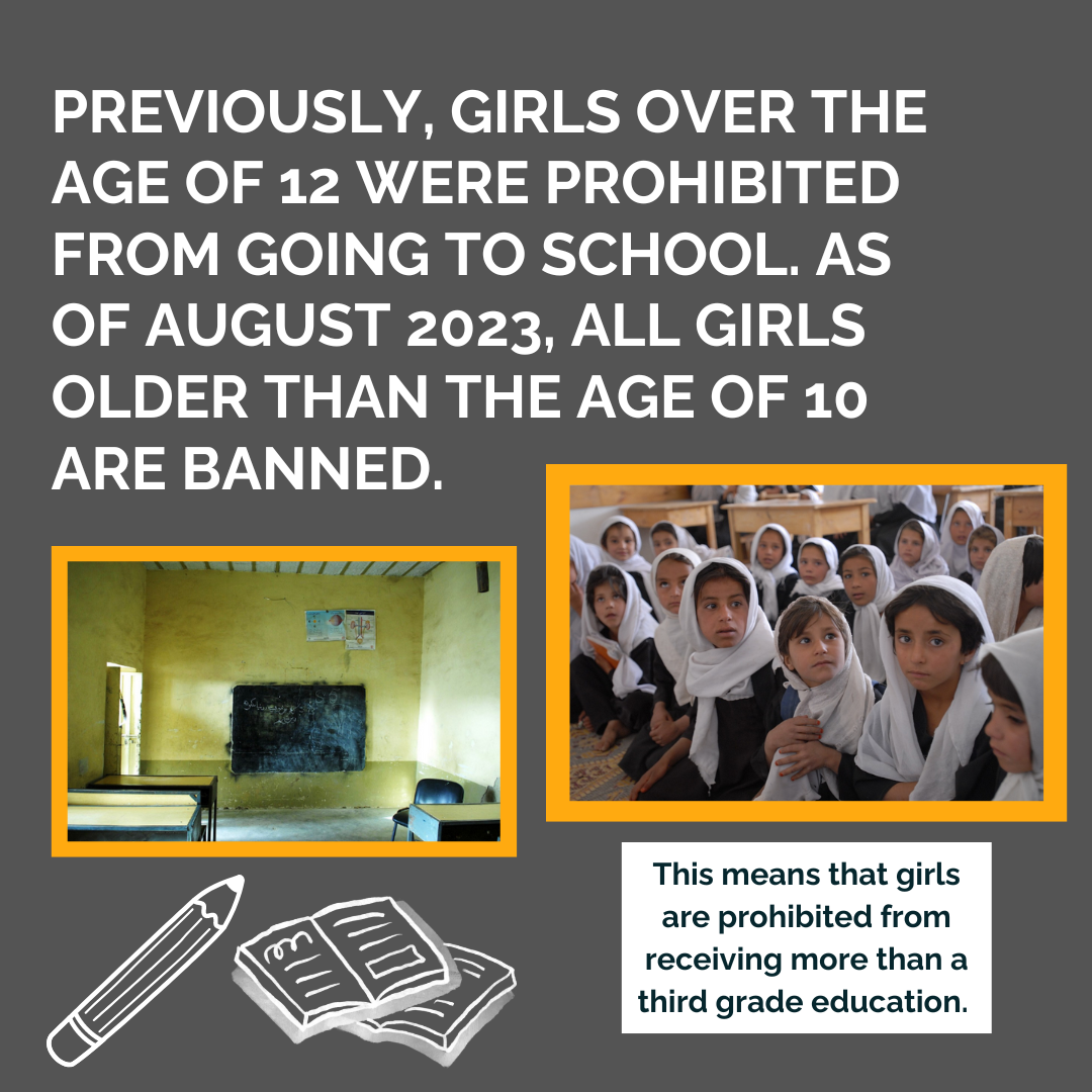 Graphic read "Previously, girls over the age of 12 were prohibited from going to school. As of this week, all girls older than the age of 10 are banned. This means that girls are prohibited from receiving more than a third-grade education." There are two photos. One shows an empty classroom, and the other shows a crowd of young Afghan girls..