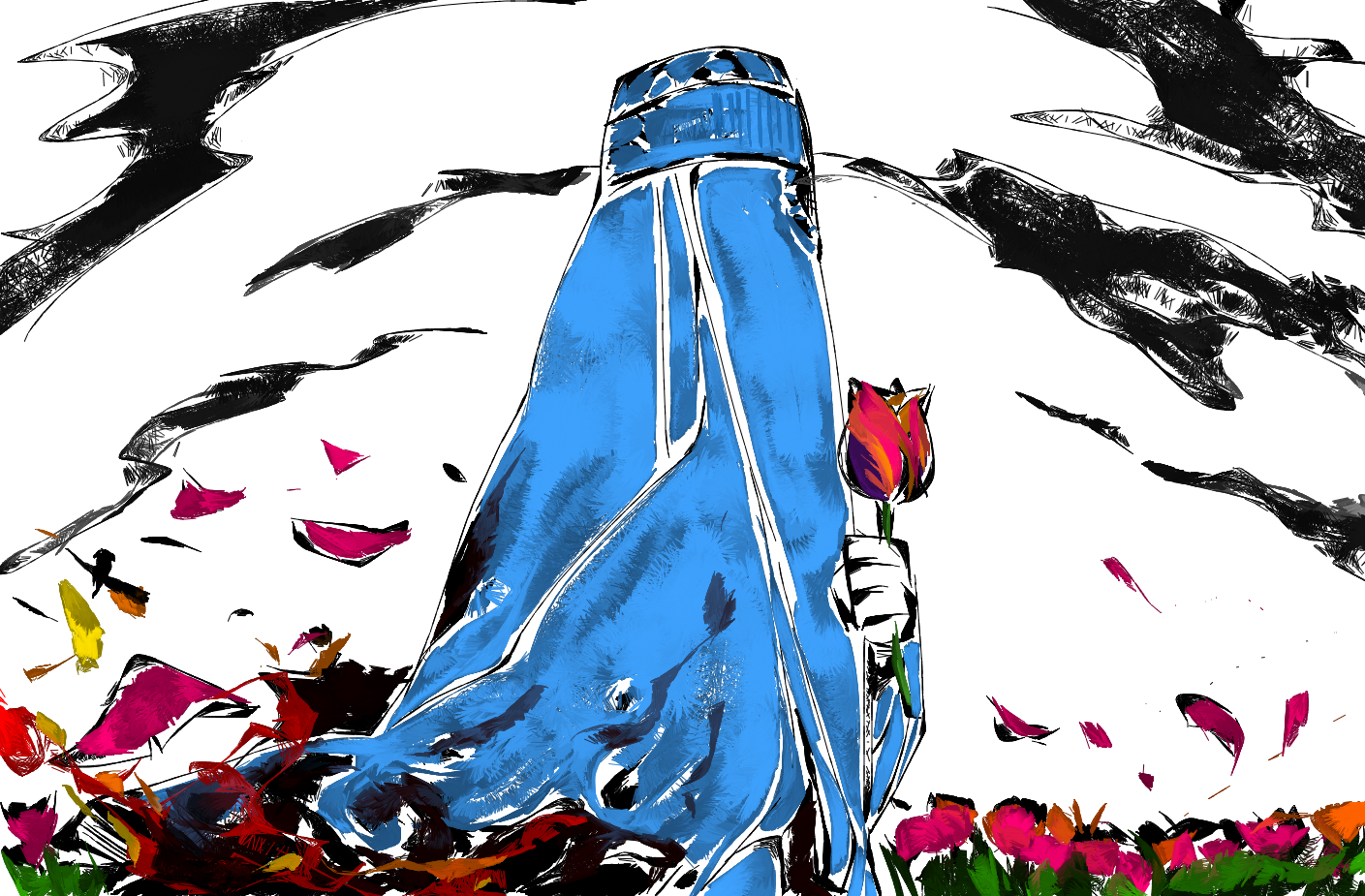 Illustration of a woman in a blue burqa holding a rose. She is standing in a field of red flowers. The bottom of her burqa is on fire and the fire blends into the red and orange flowers around her. The background is bright white with indications of a smoky sky.