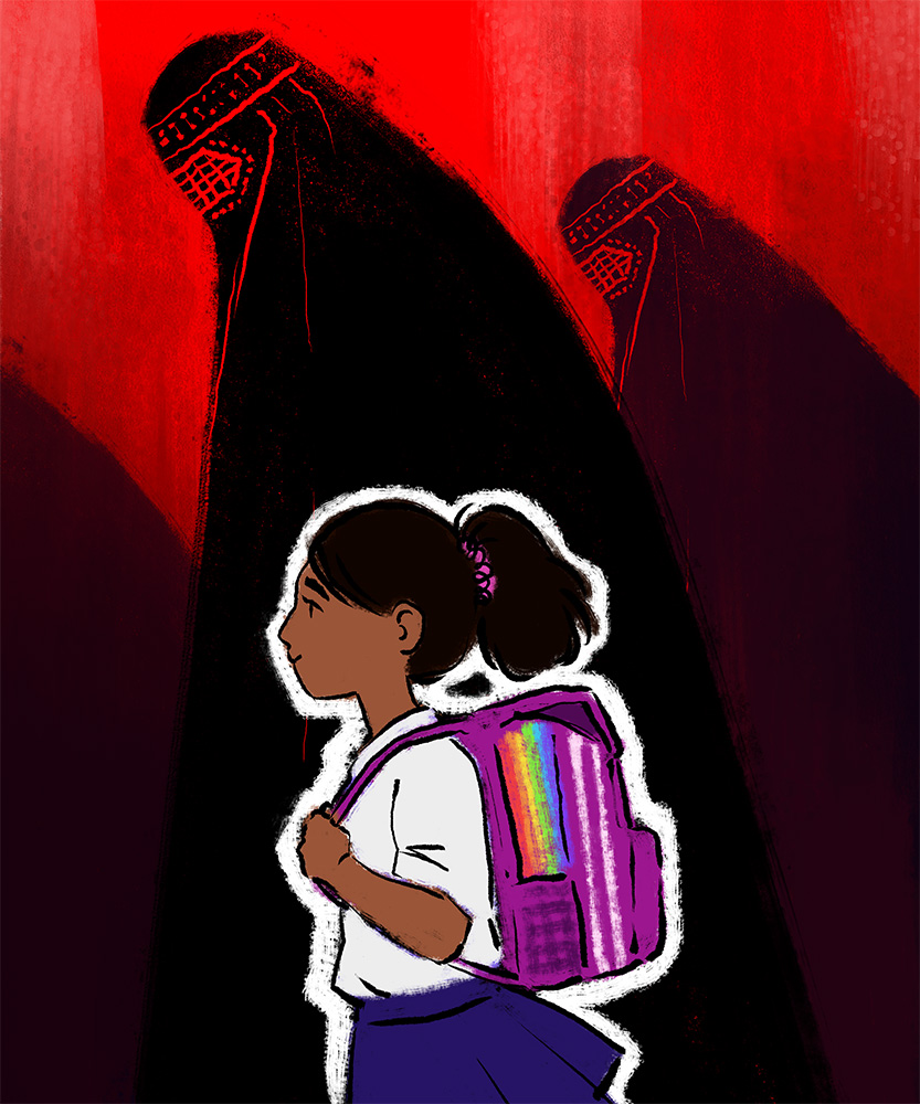 Illustration of a young Afghan girl drawn in full colour wearing a school uniform and a backpack with a rainbow pattern on the side. In the background, Afghan women stand as black silhouettes against a dark red background, their heads bowed and faces covered.