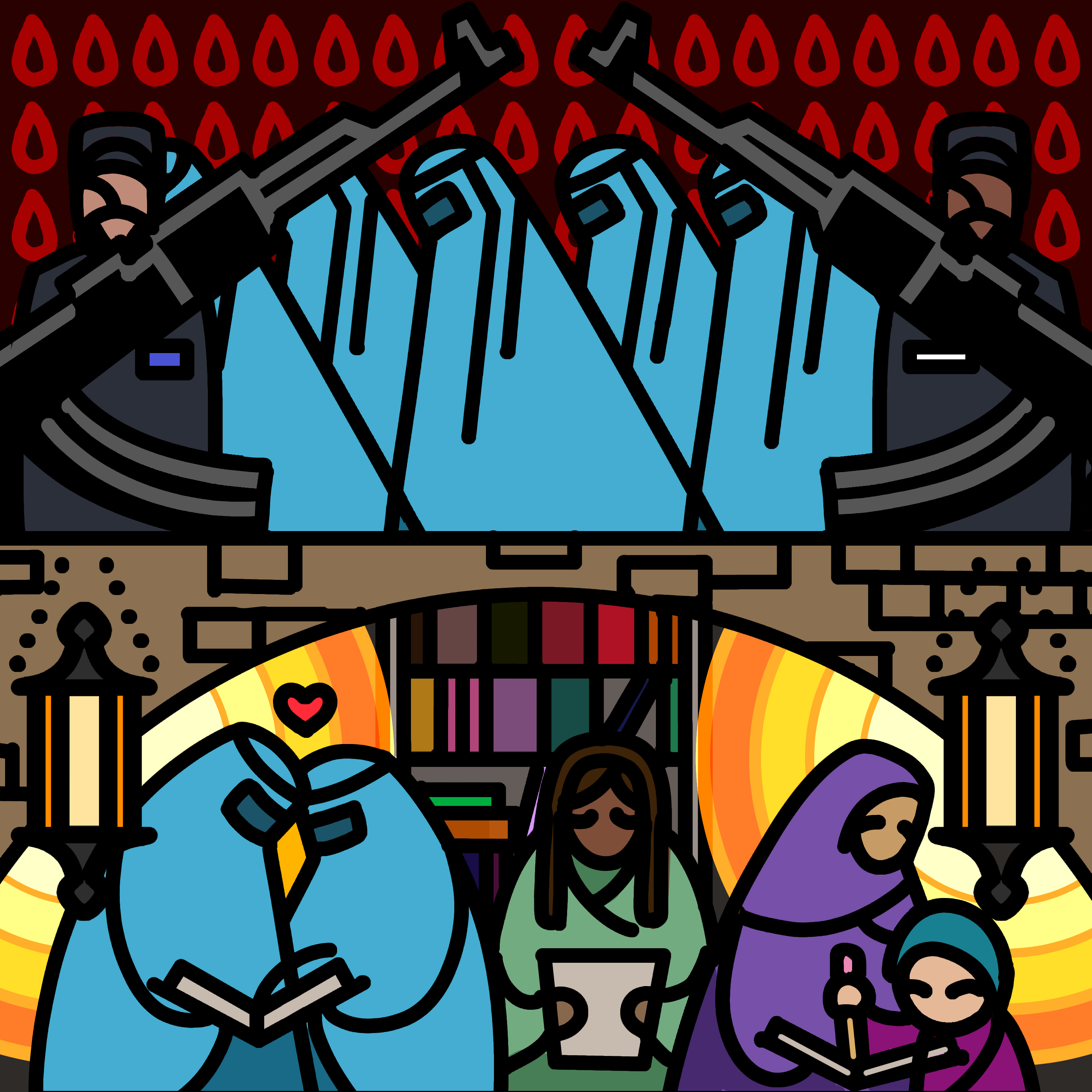 Illustration showing two scenes. The top shows women covered in blue burqas, their heads down, walking in a line. On either side are men in military uniforms. Two assault rifles are superimposed in the foreground, and red drops of blood form the background. The lower image shows women gathered underground in a warmly lit room with a book case. Some wear the burqas, but others wear less head coverings or have their hair showing. Two of the women are reading a book with a heart between them. One is reading a piece of paper. An adult woman is watching a young girl write in a book. The lower image has a feeling of warmth and camaraderie, contrasted with the frightening control of the top image.