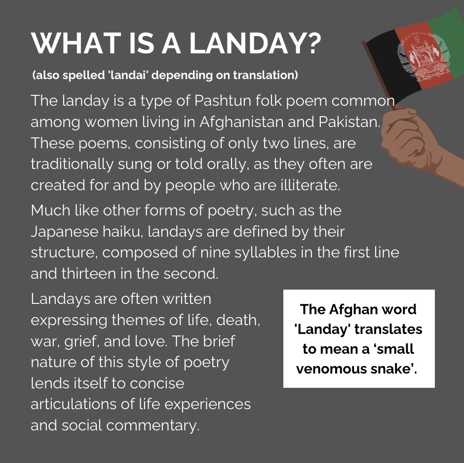 The landay is a type of Pashtun folk poem common among women living in Afghanistan and Pakistan. These poems, consisting of only two lines, are traditionally sung or told orally, as they often are created for and by people who are illiterate.

Much like other forms of poetry, such as the Japanese haiku, landays are defined by their structure, composed of nine syllables in the first line and thirteen in the second.
Landays are often written expressing themes of life, death, war, grief, and love. The brief nature of this style of poetry lends itself to concise articulations of life experiences and social commentary.

The Afghan word 'Landay' translates to mean a ‘small venomous snake’.