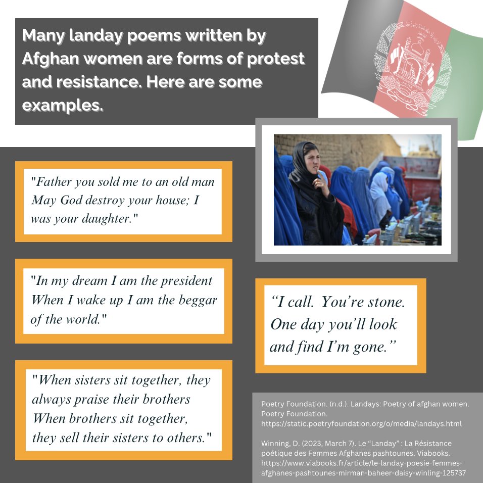 Many landay poems written by Afghan women are forms of protest and resistance. Here are some examples.

"Father you sold me to an old man
May God destroy your house; I was your daughter."

"In my dream I am the president
When I wake up I am the beggar of the world."

"When sisters sit together, they always praise their brothers When brothers sit together, they sell their sisters to others."

“I call. You’re stone.
One day you’ll look and find I’m gone.”

Citations:
Poetry Foundation. (n.d.). Landays: Poetry of afghan women. Poetry Foundation. https://static.poetryfoundation.org/o/media/landays.html

Winning, D. (2023, March 7). Le “Landay” : La Résistance poétique des Femmes Afghanes pashtounes. Viabooks. https://www.viabooks.fr/article/le-landay-poesie-femmes-afghanes-pashtounes-mirman-baheer-daisy-winling-125737