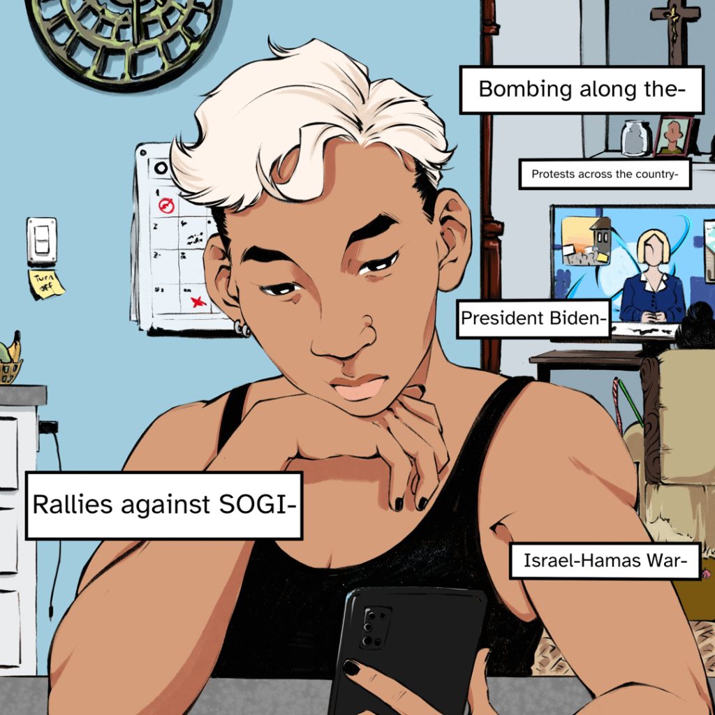 Comic panel: Fenix is seated at the kitchen counter, slouched and resting their head on one arm, listening with frustration to the buzz of the TV behind them as they scroll on their phone. Fenix’s mother is watching the TV in the next room. Several dialogue boxes hover around their head, news about the protests and world events. Dialogue Boxes: 1: Bombing along the- 2: Protests across the country- 3: President Biden- 4: Rallies against SOGI- 5: Israel-Hamas War-