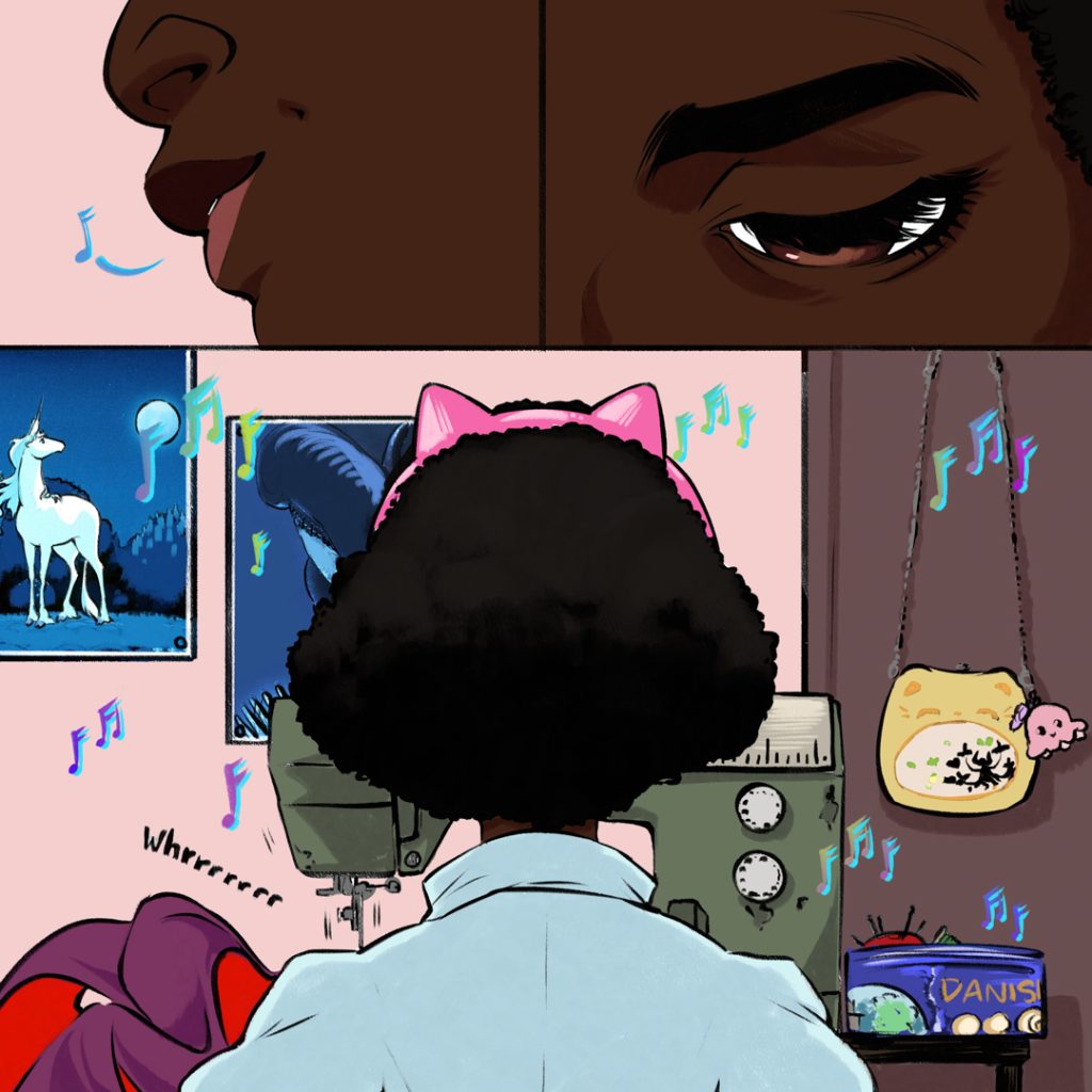 Comic panel: Panel #1: A close up of MJ from the side, smiling. Panel #2: A close shot of MJ’s eye looking down. Panel #3: back view of MJ in her room surrounded by sewing materials and textiles as she listens to music. There is an old sewing machine, a Danish cookie tine full of sewing materials, and two posters on the wall of The Last Unicorn and a xenomorph. There is a yellow cat-shaped bag haning from the closet. *(song is “Alright” by Mother Mother)