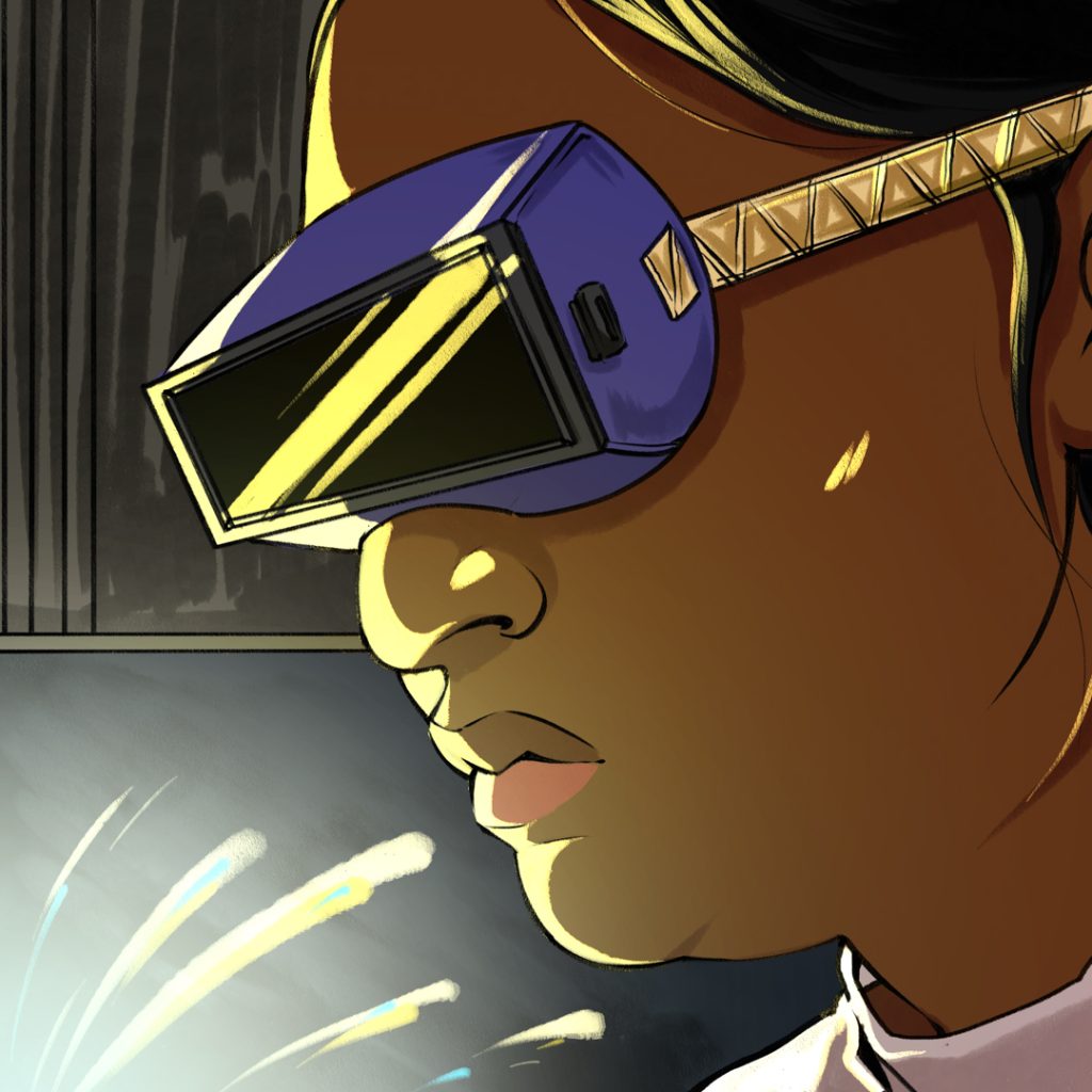 Comic panel: a close side shot of Amrita wearing purple welding goggles, sparks flying.