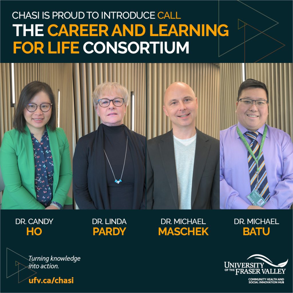 Graphic showing the four members of CALL, along with their names: Dr. Candy Ho, Dr. Linda Pardy, Dr. Michael Mascheck, and Dr. Michael Batu. Text at the top reads "CHASI is proud to introduce CALL: The Career and Learning for Life Consortium." The bottom of the graphic includes a CHASI/UFV logo, and the phrase "turning knowledge into action" along with the url ufv.ca/chasi.