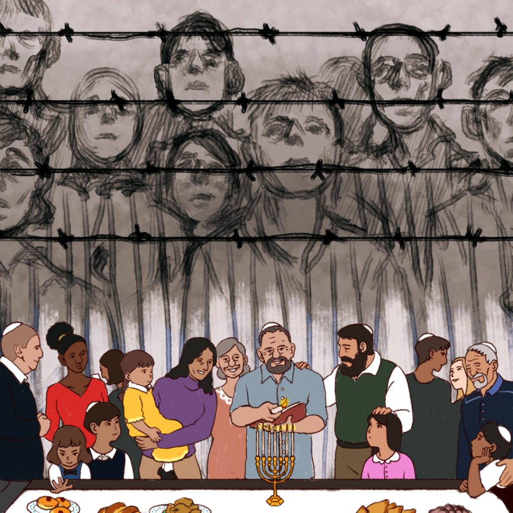 Full-colour illustration of a gathering of Jewish people gathering around a table with food and a menorah, which the central figure is lighting. Above them, black and white figures drawn in a pencil style show unidentifiable faces of people behind barbed wire wearing the striped suits of Nazi concentration camp prisoners.