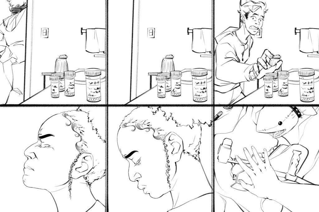 The page is split in half horizontally, with three panels each. The top three panels, from left to right, show: 1. A close-up of three pill bottles on the bathroom counter as Fenix leaves the room. 2. A close-up of three pill bottles on the bathroom counter. 3. The same close-up, but with Fenix rushing back into the room half-dressed to grab the bottles. The bottom three panels, from left to right, show: 1. Mary-Jo in profile, her eyes shut tight, and lips pursed with pain as red lightning creeps up her neck. 2. Mary-Jo in profile, letting the breath go, head bowed. 3. Mary-Jo’s hand reaching for her cane and arm sling. 