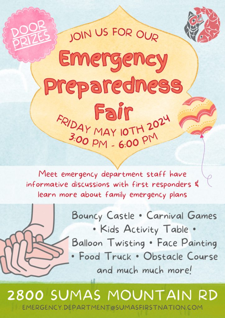 Poster for the event. It shows balloons, clouds, and supportive holding hands. Text reads: "Join us for our emergency preparedness fair Friday May 10th, 2024, 3:00 PM to 6:00 PM. Door prizes! Meet emergency department staff, have informative discussions with first responders, and learn more about family emergency plans. 2800 Sumas Mountain Road, Email: emergency.department@sumasfirstnation.com." It includes a listing of activities: bouncy castle, carnival games, kids activity table, balloon twisting, face painting, food truck, obstacle course, and much much more!