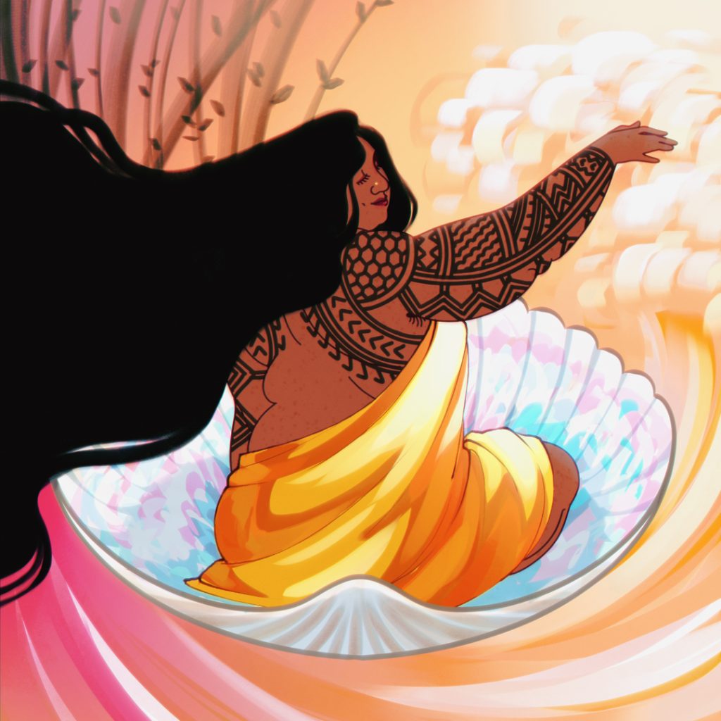 Colourful illustration of a woman sitting in a clam shell, reminiscent of Botticelli's Birth of Venus. She has dark brown skin and long flowing black hair, and wears a yellow wrap that leaves her back and arms exposed. Along her back and arms are intricate tattooed patterns — Batok, as described in this post's caption. Her eyes are closed and she has an expression of peace or joy as she raises one arm up towards a wave of water or clouds in the abstract background.