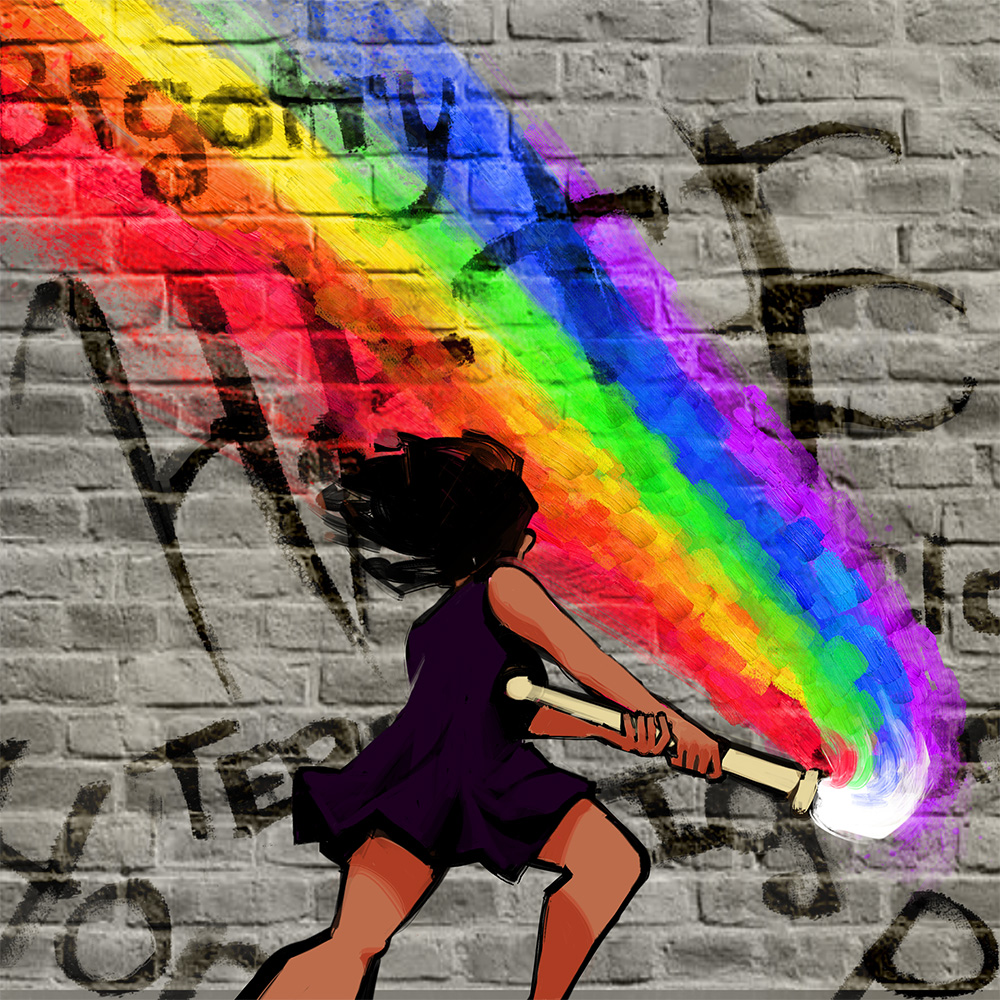 Illustration of a brick wall with words spray painted on it, including bigotry, hate, and others that aren't fully in view. A figure with long hear and a skirt and their back to the camera is swinging a giant paintbrush forcefully, spreading a bright rainbow across the words and blocking them out.