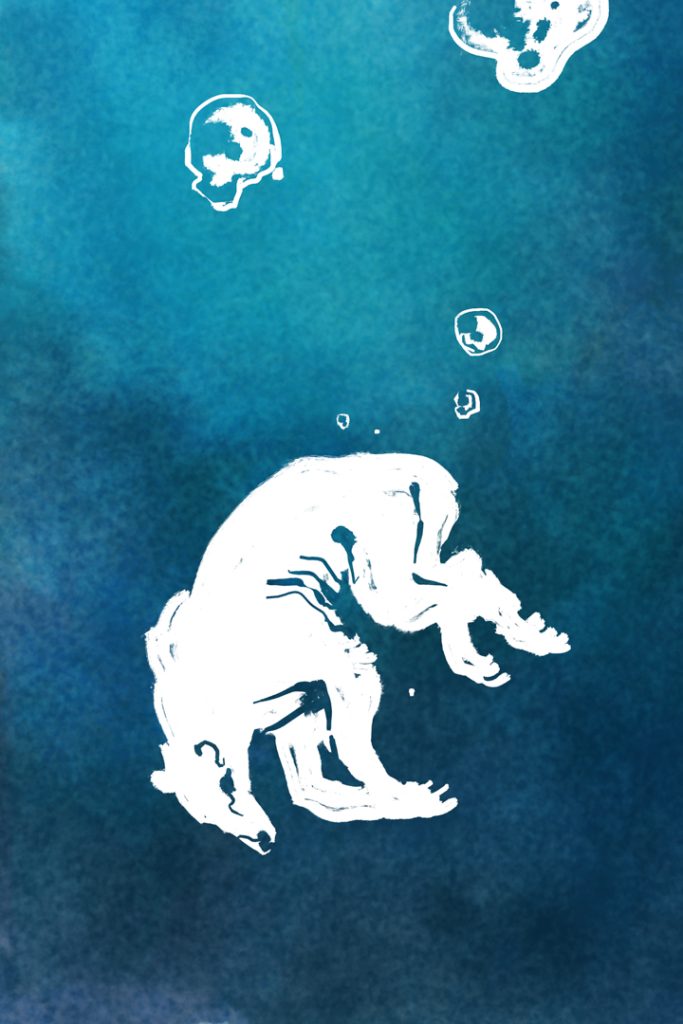 Illustration of a polar bear under water. It is completely white, contrasted against a dark blue background. The bear is either emaciated or skeletal, and bubbles of air escape from it as it seems to sink deeper into the dark ocean.