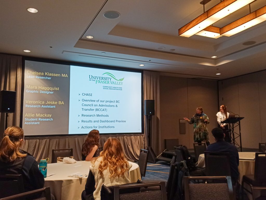 Photo of Allie and Veronica presenting on a stage. Allie is indicating towards a projected slide, which lists members of the CHASI team and context for a proejct.