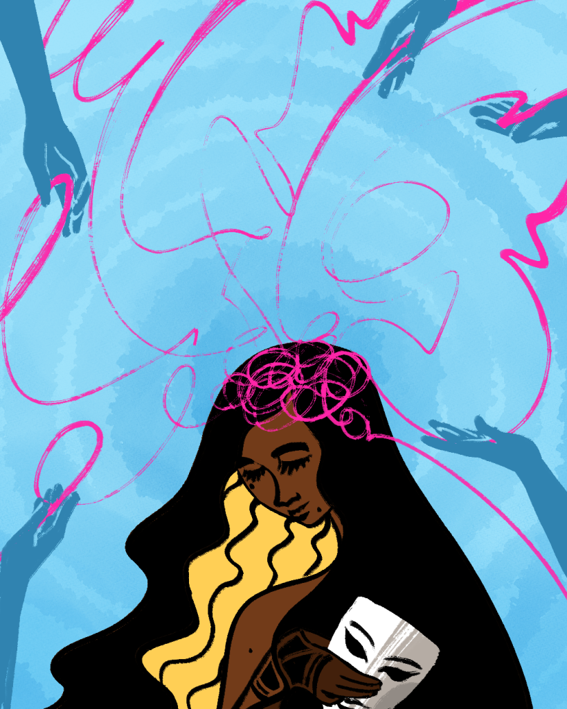 Illustration. A femme person is in the centre of the composition, their face lowered with a warm, peaceful expression. Their hair flows down past their shoulders, and they are holding a theatre mask, which they seem to have just removed. Pink squiggly lines emerge from their head (in front of the brain) and spiral out into a blue background, where hands from unseen bodies seem to take and accept them from all angles. The image has a tone of comfort and acceptance.