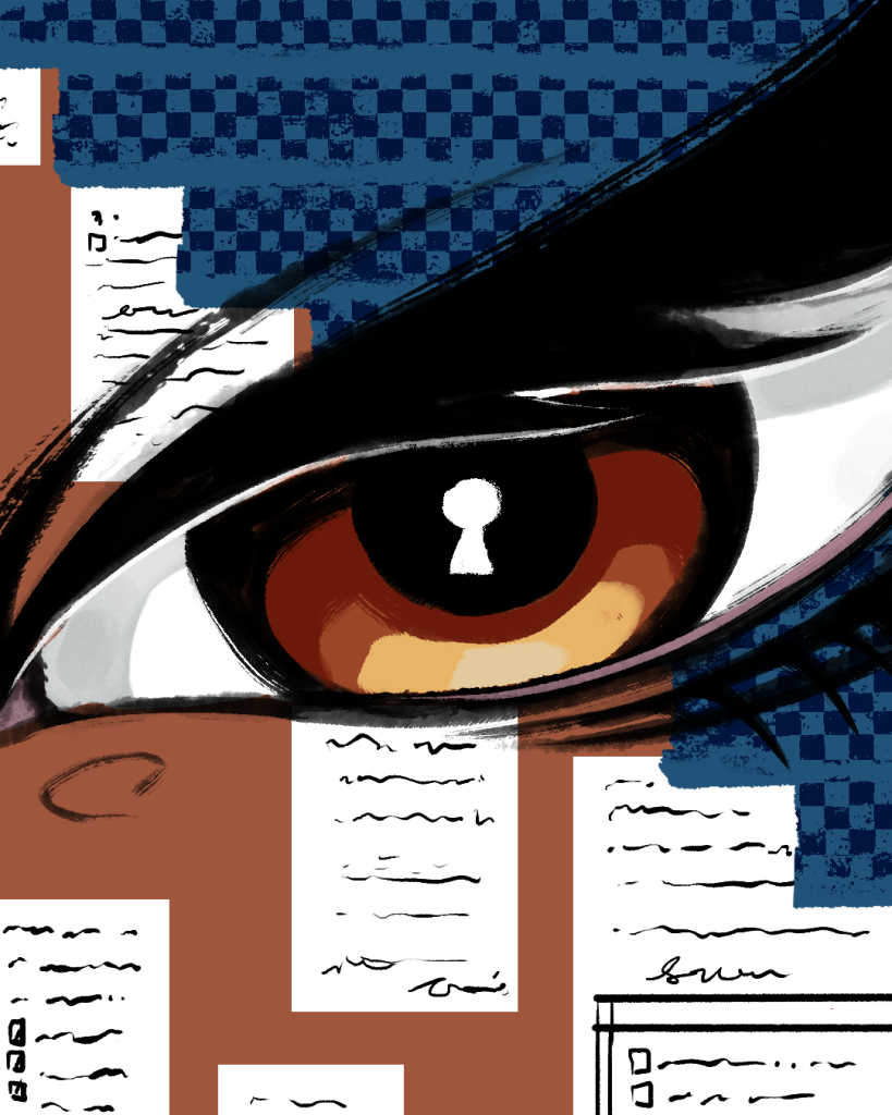 Illustration. In the centre is a brown eye, filling up almost the entire width of the frame, with a seemingly furrowed brow. In the centre of the iris is the reflection of a keyhole. Behind the eye, the image is divided in two diagonally. The upper right side is dark blue with a checkered pattern. The lower left side shows forms, lists and checkboxes that aren't readable, but represent endless paperwork. The image has an overall tone of stress and feeling overwhelmed.