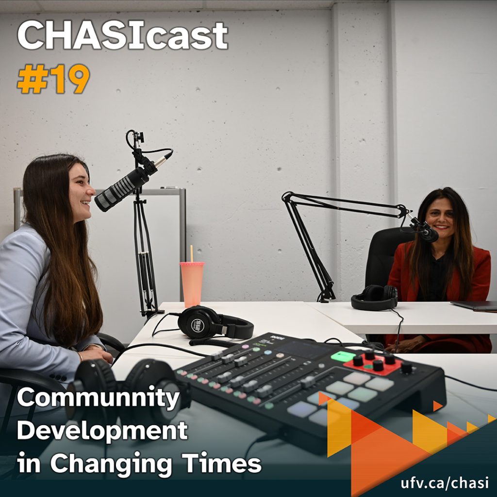 Photo of Chelsea Klassen and Rita Dhungel speaking into podcast microphones. Text reads: "CHASIcast #19: Community Development in Changing Times."