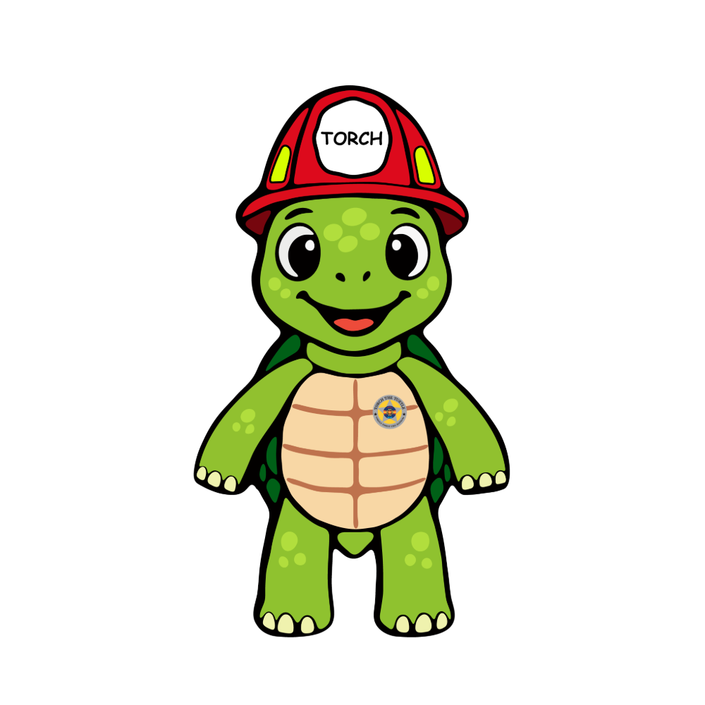 An illustration of a turtle mascot wearing a firefighter's helmet that reads "Torch"