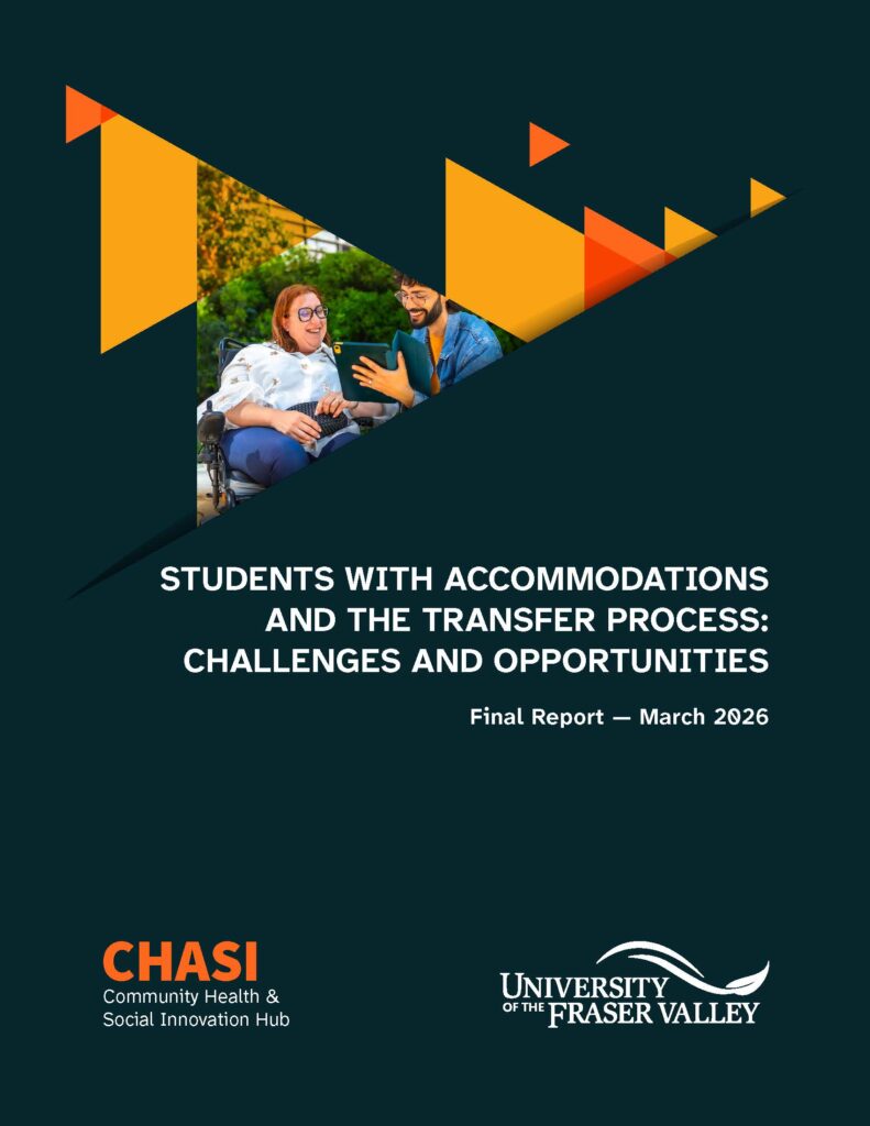 Cover of the report described in the post. The title reads: "Students with accommodations and the transfer process: Challenges and opportunities. Final report, March 2026." An image shows two young people looking at an iPad and talking. One of them is using a wheelchair, the other is sitting or crouching to be at the same level. Logos for CHASI and UFV are at the bottom of the page.