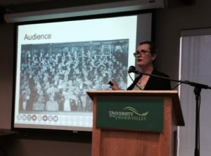Dr Penny Park presenting at UFV Abbotsford Campus. Photograph by Betsy Terpsma.