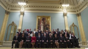 Prime Minister Justin Trudeau, fifth from left, and Governor General David Johnston, centre, pose for a group photo with the new Liberal cabinet at Rideau Hall in Ottawa on Wednesday, Nov. 4, 2015. Front row, left to right: Minister of Public Safety and Emergency Preparedness Ralph Goodale, Minister of Justice and Attorney General of Canada Jody Wilson-Raybould, Minister of Foreign Affairs Stephane Dion, Minister of International Trade Chrystia Freeland, Prime Minister Justin Trudeau, also minister of intergovernmental affairs and youth, Governor General David Johnston, Minister of Immigration, Refugees and Citizenship John McCallum, Minister of Public Services and Procurement Judy Foote, Minister of Agriculture and Agri-Food Lawrence MacAulay, Minister of Indigenous and Northern Affairs Carolyn Bennett and Minister of Veterans Affairs Kent Hehr, also associate minister of National Defence. Second row, left to right: President of the Treasury Board Scott Brison, Minister of International Development and La Francophonie Marie-Claude Bibeau, Minister of Innovation, Science and Economic Development Navdeep Singh Bains, Minister of National Revenue Diane Lebouthillier, Minister of Families, Children and Social Development Jean-Yves Duclos, Minister of Employment, Workforce Development and Labour MaryAnn Mihychuk, Minister of Transport Marc Garneau, Minister of Environment and Climate Change Catherine McKenna, Minister of Finance William Morneau, Minister of Canadian Heritage Melanie Joly, Leader of the Government in the House of Commons Dominic LeBlanc and Minister of Health Jane Philpott. Third row, left to right: Minister of Sport and Persons with Disabilities Carla Qualtrough, Minister of Natural Resources James Carr, Minister of Science Kirsty Duncan, Minister of Infrastructure and Communities Amarjeet Sohi, Minister of Small Business and Tourism Bardish Chagger, Minister of Fisheries, Oceans and the Canadian Coast Guard Hunter Tootoo, Minister of Status of Women Pa