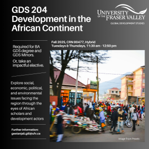Promotional poster for GDS 204: Development in the African Continent at the University of the Fraser Valley.