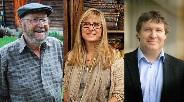 L-to-r: 2014 UFV honorary degree recipients Doug Hamilton, Charllotte Kwon, and George Siemens.
